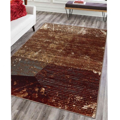 Modern Brown-Rust Geometric Stain-Resistant Synthetic Area Rug, 5'x8'