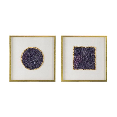 A&B Home Set of 2 Lillian Crystal Shadow Boxes Purple/Gold : Transitional Style MDF Wall Art with Geometric Design