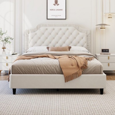 CAVINAS Platform Bed with Ruched and Button Tufted Headboard,Upholstered Bed Frame,Box Spring Not Required,Velvet