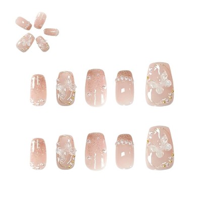 LOVELAY CREATIONS Short Square Press-On Nails with Pearl Glitter Art
