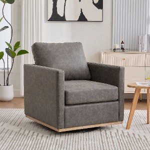 Kumasinova 360° Swivel Chair, Square Accent Chair, Chenille Upholstered Lounge Armchair/Club Chair, Weathered Wooden Base, Removable Back Pillow - 1 of 4