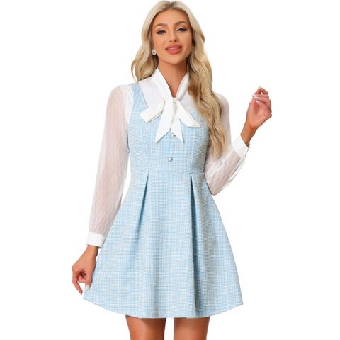 Женские платья INSPIRE CHIC Women's Sleeveless Square Neck Plaid Fit and Flare Tweed Dresses Small Light Blue
