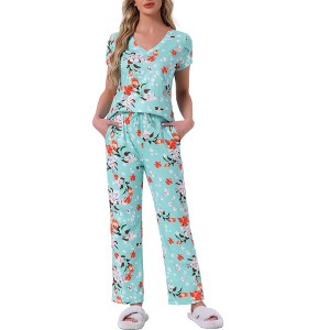 INSPIRE CHIC Womens Short Sleeve V-neck Top Drawstring Pants Pajama Sets with Pockets - 1 of 4