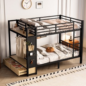 Full/Queen Size Metal Bunk Bed with Hanging Rod, Storage Shelves ,Drawers & Pegboard, Black - ModernLuxe - 1 of 4