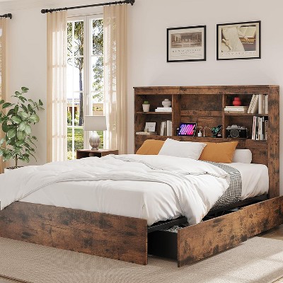 GustoWave Bed Frame with High Storage Bookcase Headboard, Built in Charging Station