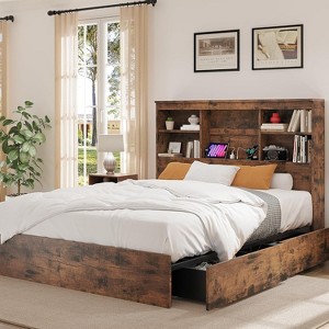 GustoWave Bed Frame with High Storage Bookcase Headboard, Built in Charging Station - 1 of 4