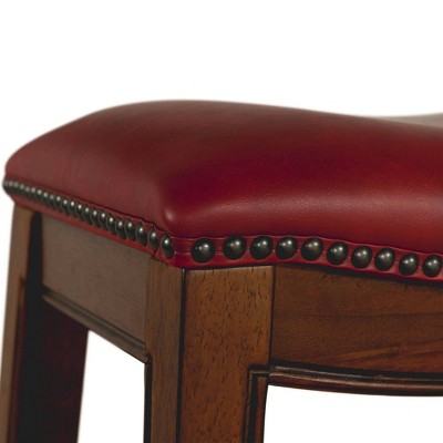 Transitional Red Leather & Wood 24" Saddle Counter Stool