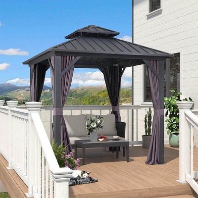 PURPLE LEAF Permanent Hardtop Gazebo Aluminum Frame Gazebo with Galvanized Steel Double Roof, UV-Resistant, Netting & Curtains included - Grey