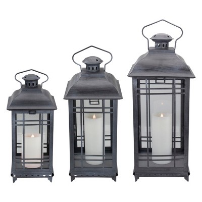 Melrose Set of 3 Gray and White Wash Mission Style Glass Pillar Candle Lanterns 21.75"