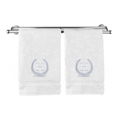 BC BARE COTTON Monogrammed Hand Towel, 100% Turkish Cotton - Set of 2 - White - Silver Wreath