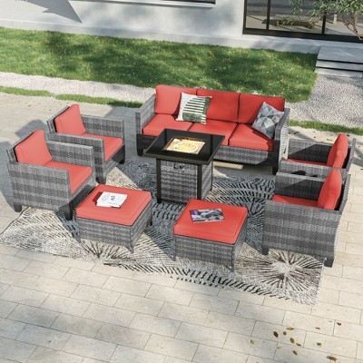 Sonkuki 8 Pieces Patio Sofa with Square Fire Pit Table and Ottomans, Wicker Conversation Couch, Light Gray Cushion