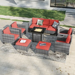 Sonkuki 8 Pieces Patio Sofa with Square Fire Pit Table and Ottomans, Wicker Conversation Couch, Light Gray Cushion - 1 of 4