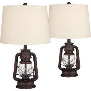Franklin Iron Works Murphy 23" High Miner Lantern Small Farmhouse Rustic Accent Table Lamps Set of 2 Red Bronze Finish Metal Living Room Bedroom - 1 of 4