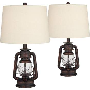 Franklin Iron Works Murphy 23" High Miner Lantern Small Farmhouse Rustic Accent Table Lamps Set of 2 Red Bronze Finish Metal Living Room Bedroom