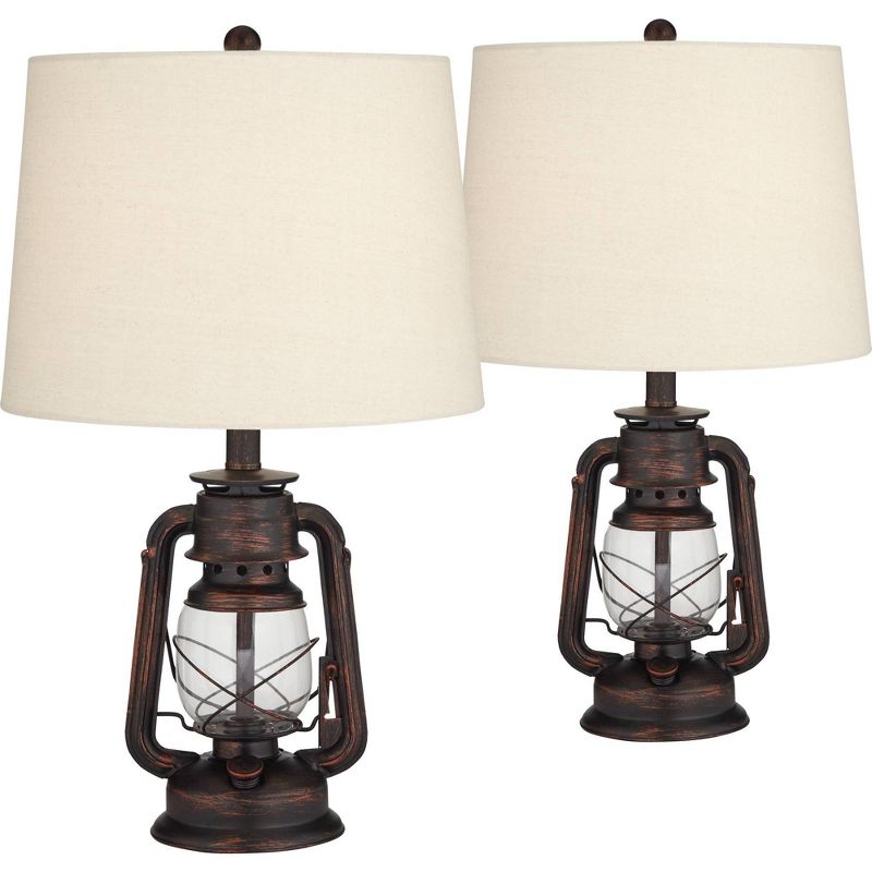 Franklin Iron Works Murphy 23" High Miner Lantern Small Farmhouse Rustic Accent Table Lamps Set of 2 Red Bronze Finish Metal Living Room Bedroom, 1 of 10