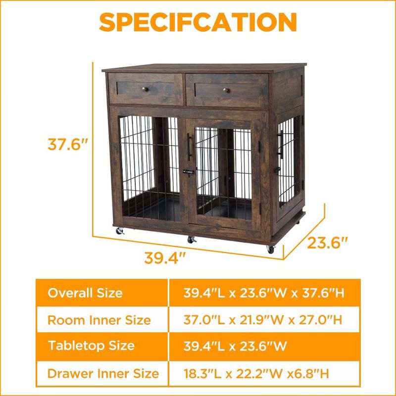 Dog Crate Furniture, Wooden Dog Kennel with Room Divider and Tray, Double Rooms Dog Cage, Wooden Dog Crate Table with 2 Drawers End Table, 4 of 8