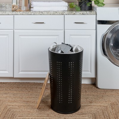 Round Black Metal Laundry Hamper with Wooden Lid