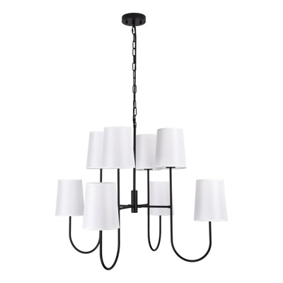 PAKOKULA 8-Light Matte Black Sputnik Chandelier with White Fabric Shade for Living Room Bedroom