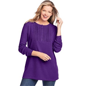Woman Within Plus Size Waffle Thermal Lace Bib Henley Tee - 1 of 4
