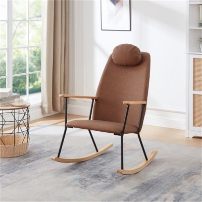 SKRAN Adjustable Headrest Pillow Rocking Chair, Leather Upholstered Glider Rocker with High Backrest for Nursery, Bedroom, Living Room (Brown)
