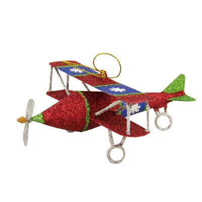 Gallerie 5" Glitter Drenched Snowflake Accented Biplane Christmas Ornament - Red/Green