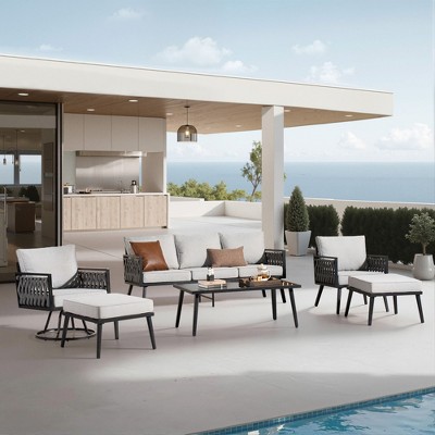 XIZZI Outdoor Woven Sling Sofa 6-Piece Set with Rotating Chair, Water-Resistant Fabric, Modern Patio Furniture - Black/Dark Gray/Light Gray