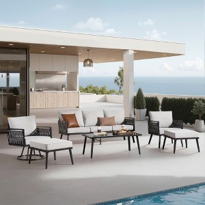 XIZZI Outdoor Woven Sling Sofa 6-Piece Set with Rotating Chair, Water-Resistant Fabric, Modern Patio Furniture - Black/Dark Gray/Light Gray - 1 of 4