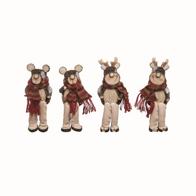 Transpac Tree Stump Bear and Reindeer Sitter Set of 4 Decorative Animal Figurines Made of Resin Christmas Indoor Tabletop and Mantel Decoration Gift