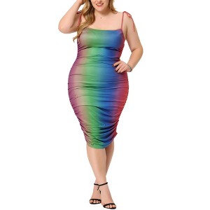 Agnes Orinda Women's Plus Size Rainbow Tie Shoulder Gathering Midi Bodycon Dresses - 1 of 4