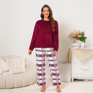 Women's Pink Fuzzy Knit Sweater & Plaid Pants Pajama Set - Cupshe - 1 of 4