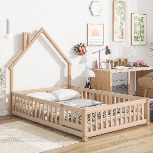 Lyngins Full Size Bed Frame, House-Shaped Floor Bed Frame with House-Style Headboard, Fence Guardrails & Latch Door, Sturdy Pine Wood Construction - 1 of 4