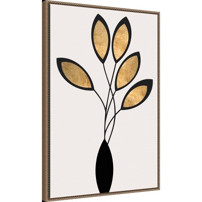 23"x33" Black and Gold Abstract Floral Canvas with Bronze Frame