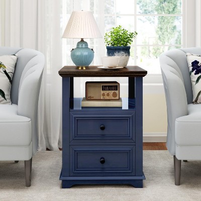 Vipbear Nightstand 18¡± White End Table with Charging Station Rustic Wood Tall Bedside Table with 2 Drawers Storage