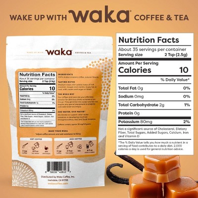 Waka Coffee & Tea Unsweetened Butterscotch Vanilla Flavored Medium Roast Freeze-Dried Arabica Premium Instant Coffee - 3.5 oz