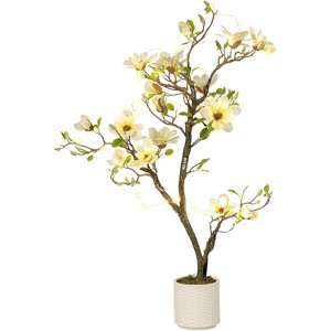 aux Magnolia Plant with White Flowers and Lush Leaves, Artificial Flower Tree for Indoor & Outdoor Home, Office, Patio Decor with White Moss Pot - 1 of 4