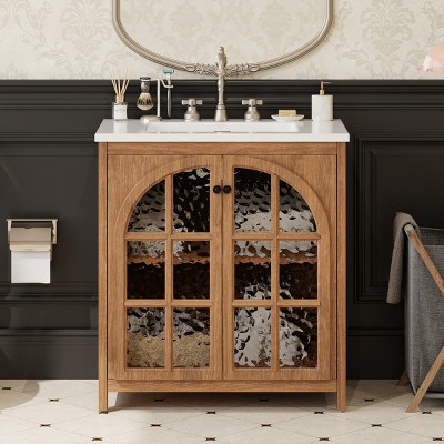 31" Farmhouse Bathroom Vanity with Ceramic Sink,Rustic Antique Storage Cabinet with Adjustable Shelf for Small  Space-Baofuwish