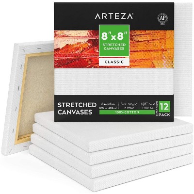 Arteza Stretched Canvas, Classic, White, 8"x8", Blank Canvas Boards for Painting - 12 Pack (ARTZ-8919)