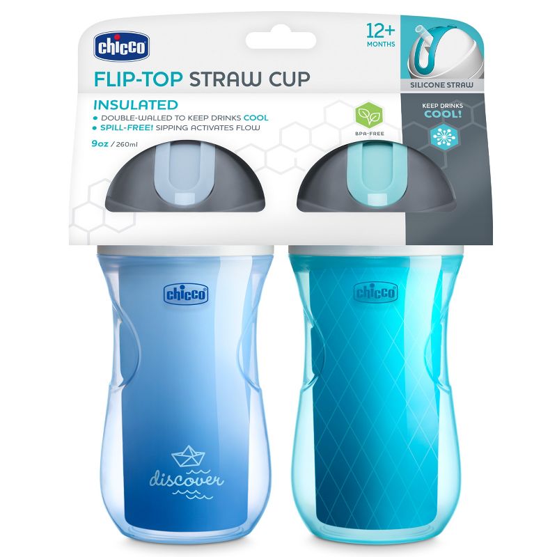 Chicco 9 fl oz Insulated Flip-Top Straw Cup 12 Months - Blue Discover/Teal - 2pk, 3 of 11
