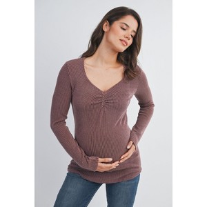 Hello Miz Women's Ribbed Sweetheart Neck Long Sleeve Maternity Top - 1 of 4