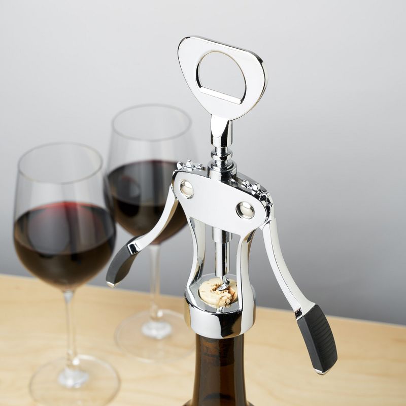 True Spiral Winged Corkscrew, Self Centering Worm, Bottle Opener, Rubber Grip Arms, Silver Finish, 2 of 6