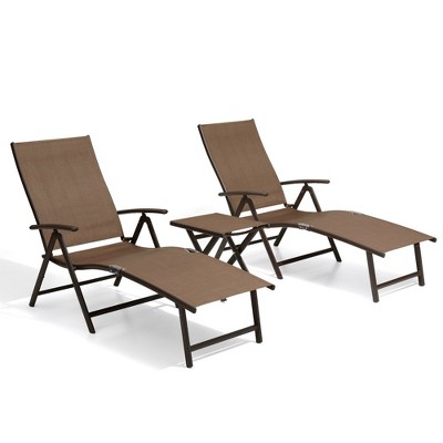 Crestlive Products 3 pc Outdoor Aluminum Adjustable Folding Chaise Lounge Chairs and Foldable Side Table Set
