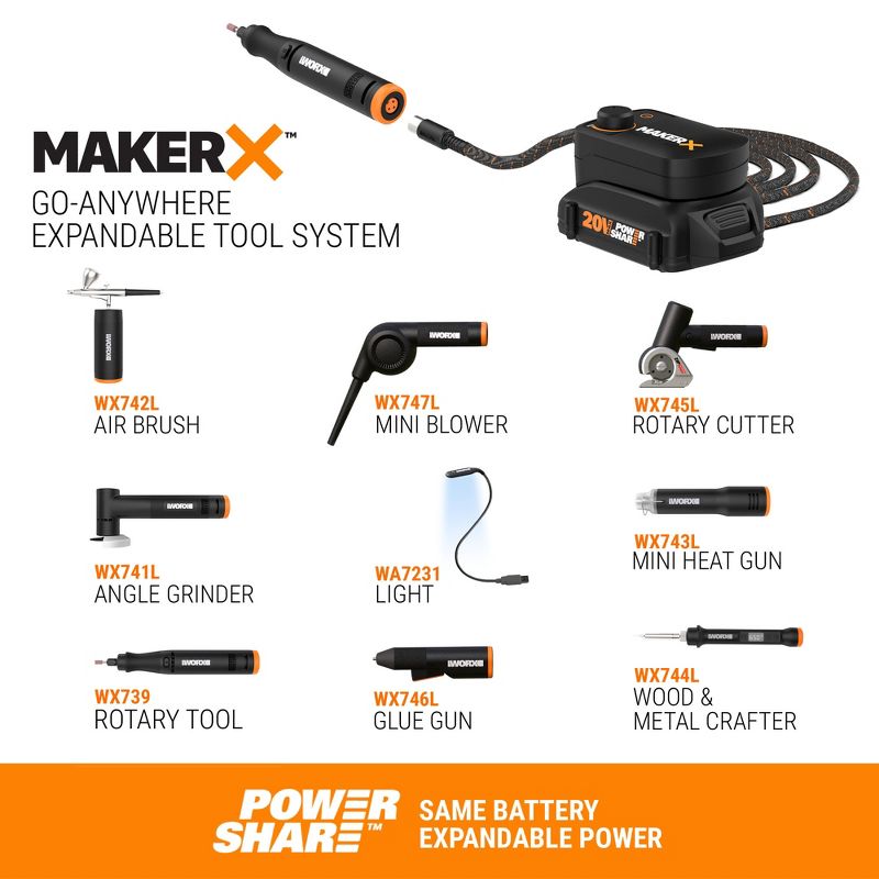 Worx MAKERX WX996L 6 Tool Kit: Rotary Tool, Wood & Metal Crafter, Air Brush, Heat Gun, Grinder and LED Flex Light in Carry Bag, 4 of 14