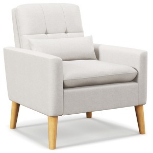 Tangkula Accent Chair Upholstered Tufted Armchair with Lumbar Pillow Natural Rubber Wood Legs  Comfy Padded Cushion Modern Linen Fabric Sofa Chair - 1 of 4