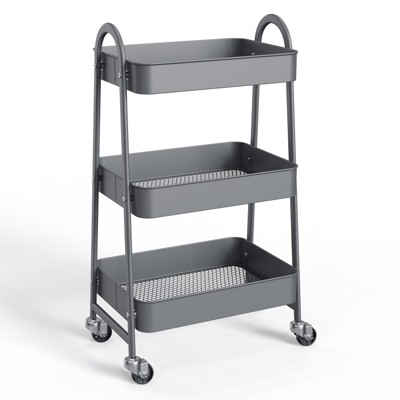 DSVIMOY 3 Tier Rolling Cart, Metal Utility Storage Organizer with Wheels, Kitchen Trolley, Bathroom, Office Shelves, Green, 16.9"*12.2"*30.9"