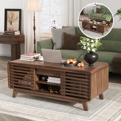 Buenhomino Mid-Century Modern Coffee Table With Slatted Sliding Door & Hidden Storage