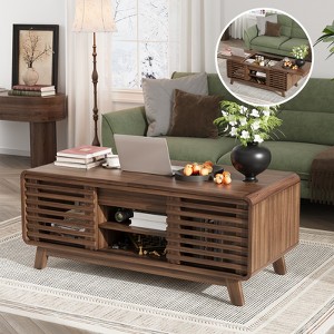 Buenhomino Mid-Century Modern Coffee Table With Slatted Sliding Door & Hidden Storage - 1 of 4
