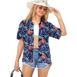 LA LEELA Women's Button Down Blouses Casual Summer Beach V Neck Short Sleeve Vacation Dress Tops Tee Hawaiian Shirts Coverup for Women - 1 of 4