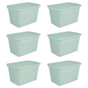 Sterilite 30 Gallon Latch Tote with In Molded Handles, Robust Latches, and Contoured End Panels for Home Storage Bins, Mindful Mint (6 Pack)
