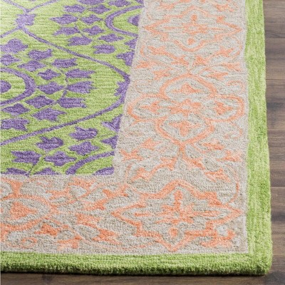 Green and Violet Floral Wool Area Rug, 5' x 8'