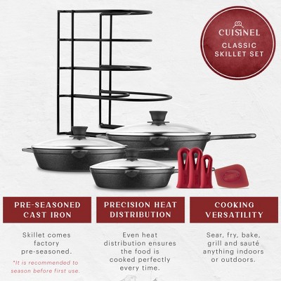 11-Piece Black Cast Iron Non-Stick Cookware Set with Glass Lids